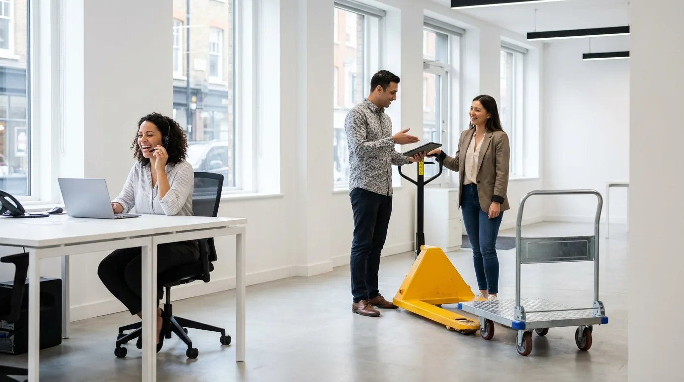 London office with a hand pallet truck and a platform trolley