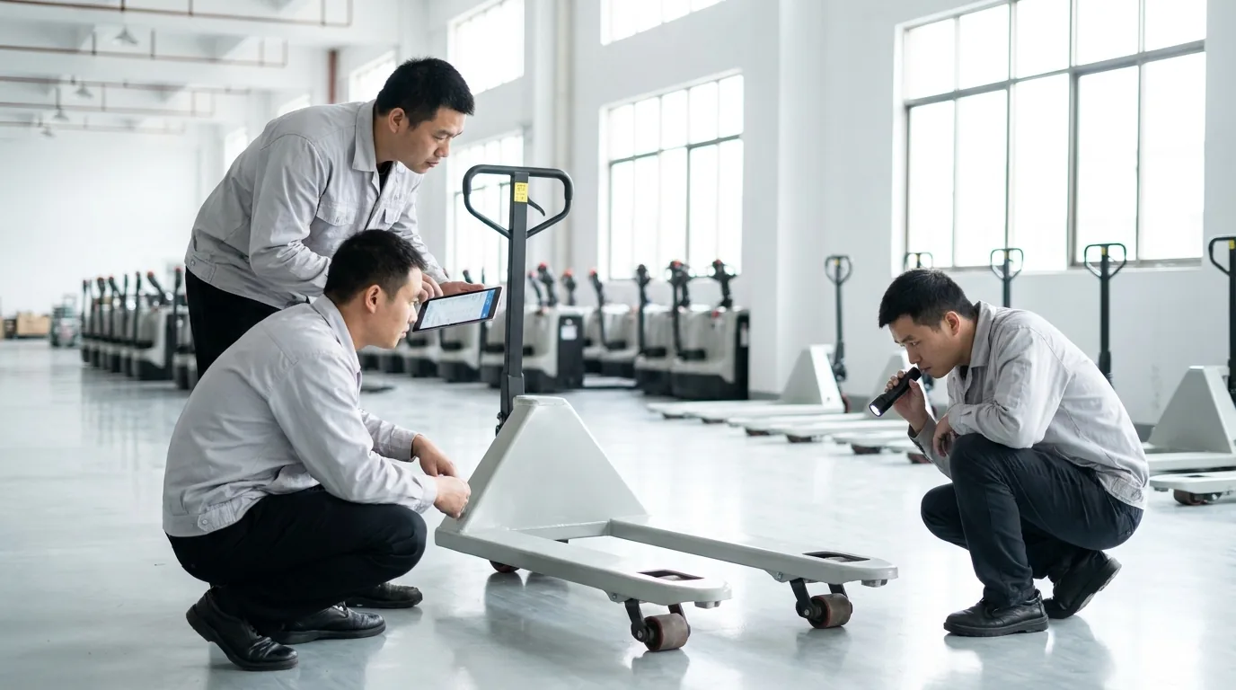 Staff inspecting a hand pallet truck on a factory floor