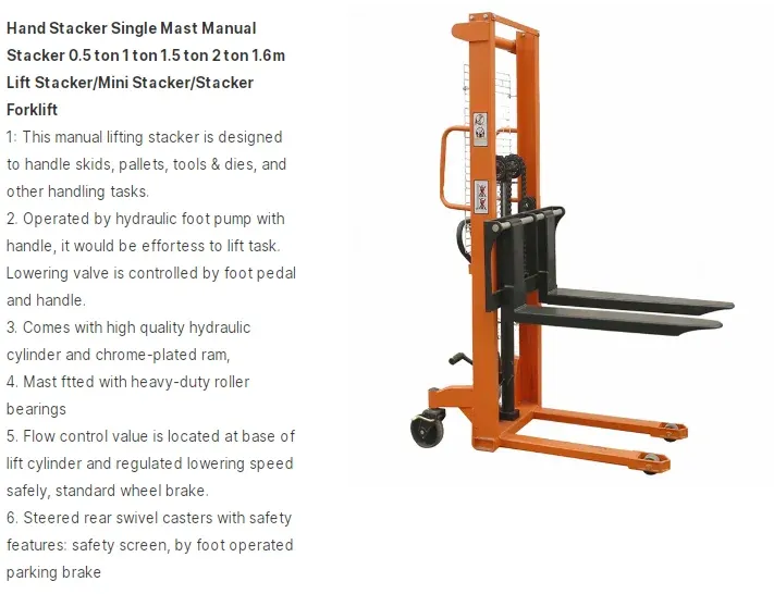 1 T/3 t Hand Stacker Single Mast Manual Stacker 1.6m Lift detail 9