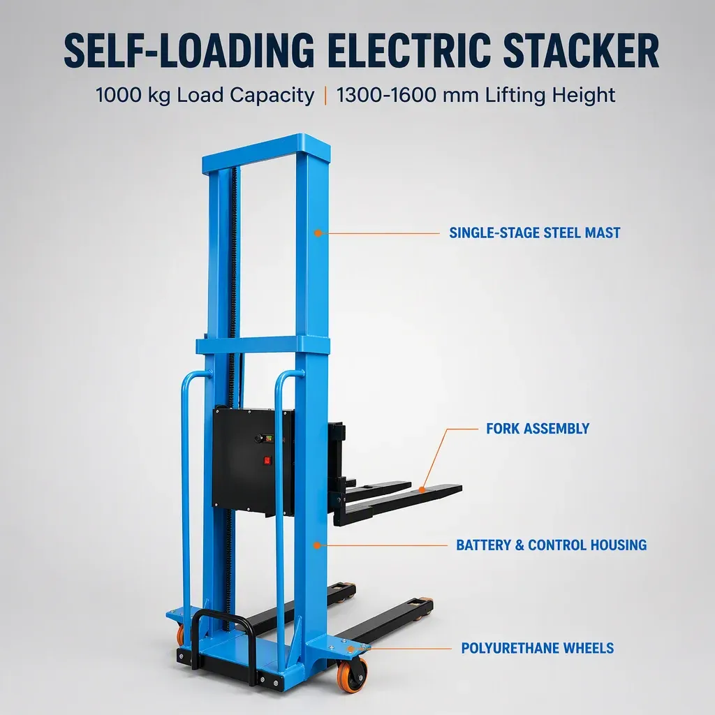 1Ton Full Electric Stacker Self Loading Stacker Forklift detail 5