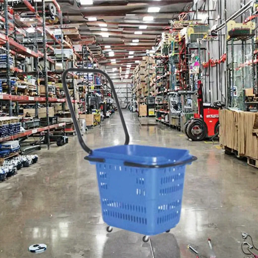 Wheeled Trolley Plastic Shopping Basket with Metal Handle detail 3