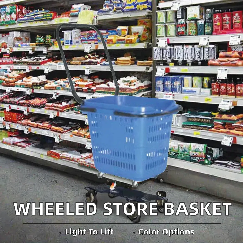 Wheeled Trolley Plastic Shopping Basket with Metal Handle photo 2