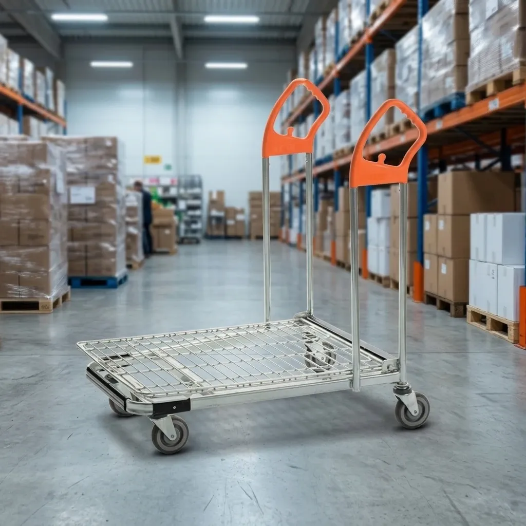 Warehouse Heavy Duty Steel Mesh Flat Trolley with 5 detail 3