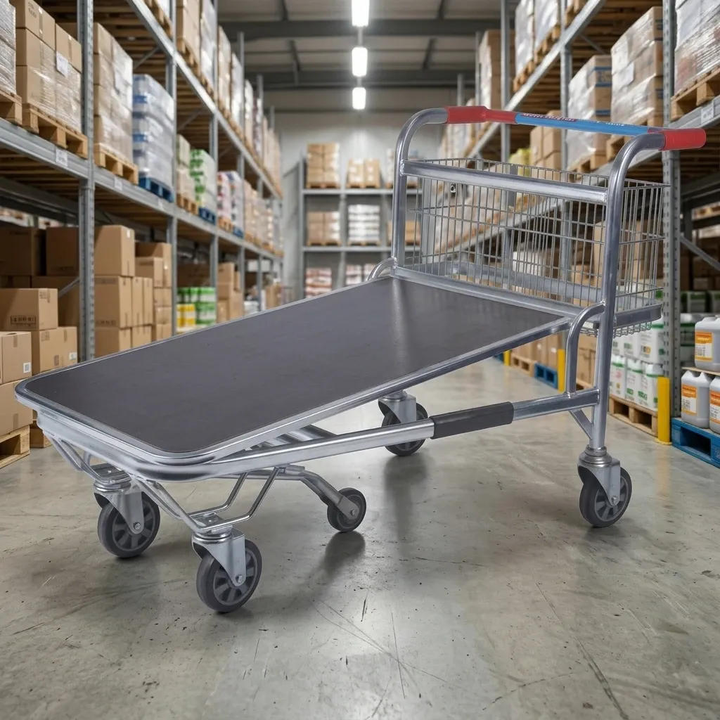 Warehouse Heavy Duty Steel Mesh Flat Trolley with 5 photo 3