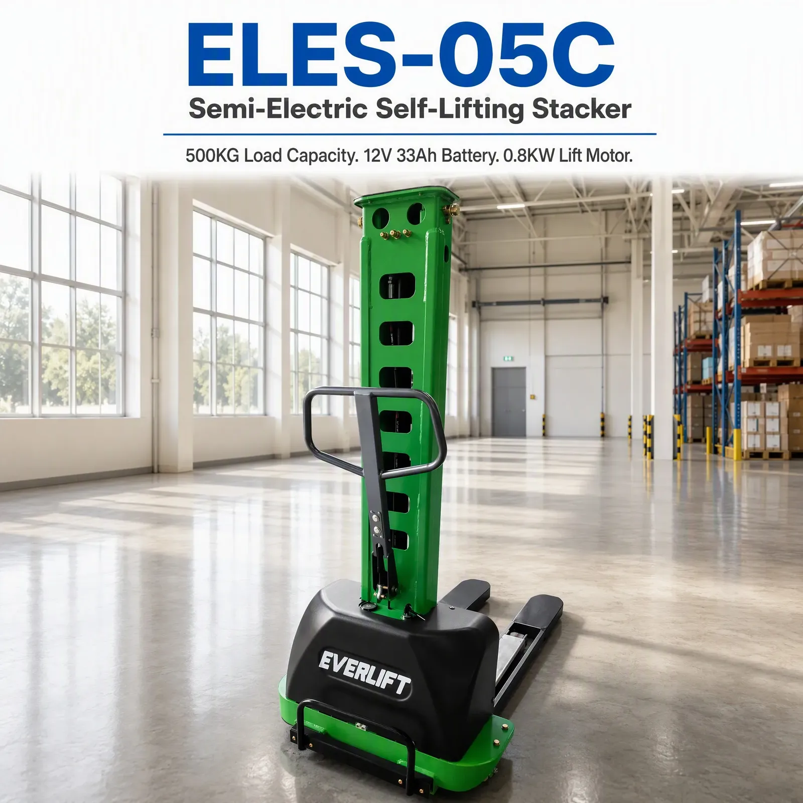 500 kg Semi Electric Self-Lifting Stacker 12V Battery