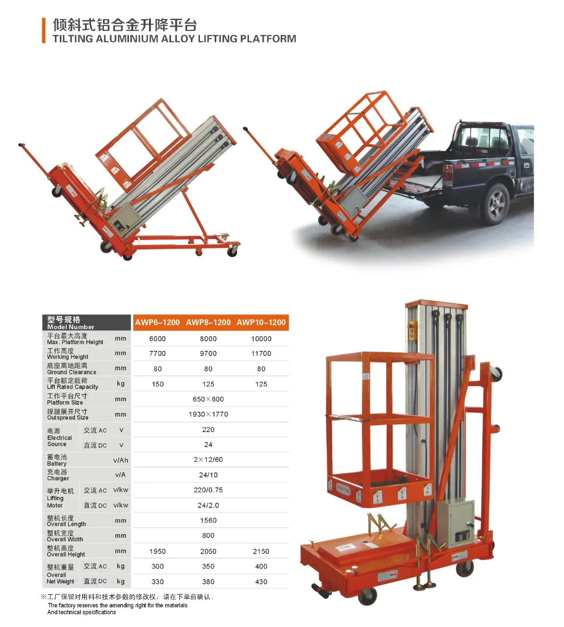 AWP 6M 8M 12M Mobile Aluminium Work Platform Tilt Towing detail 1