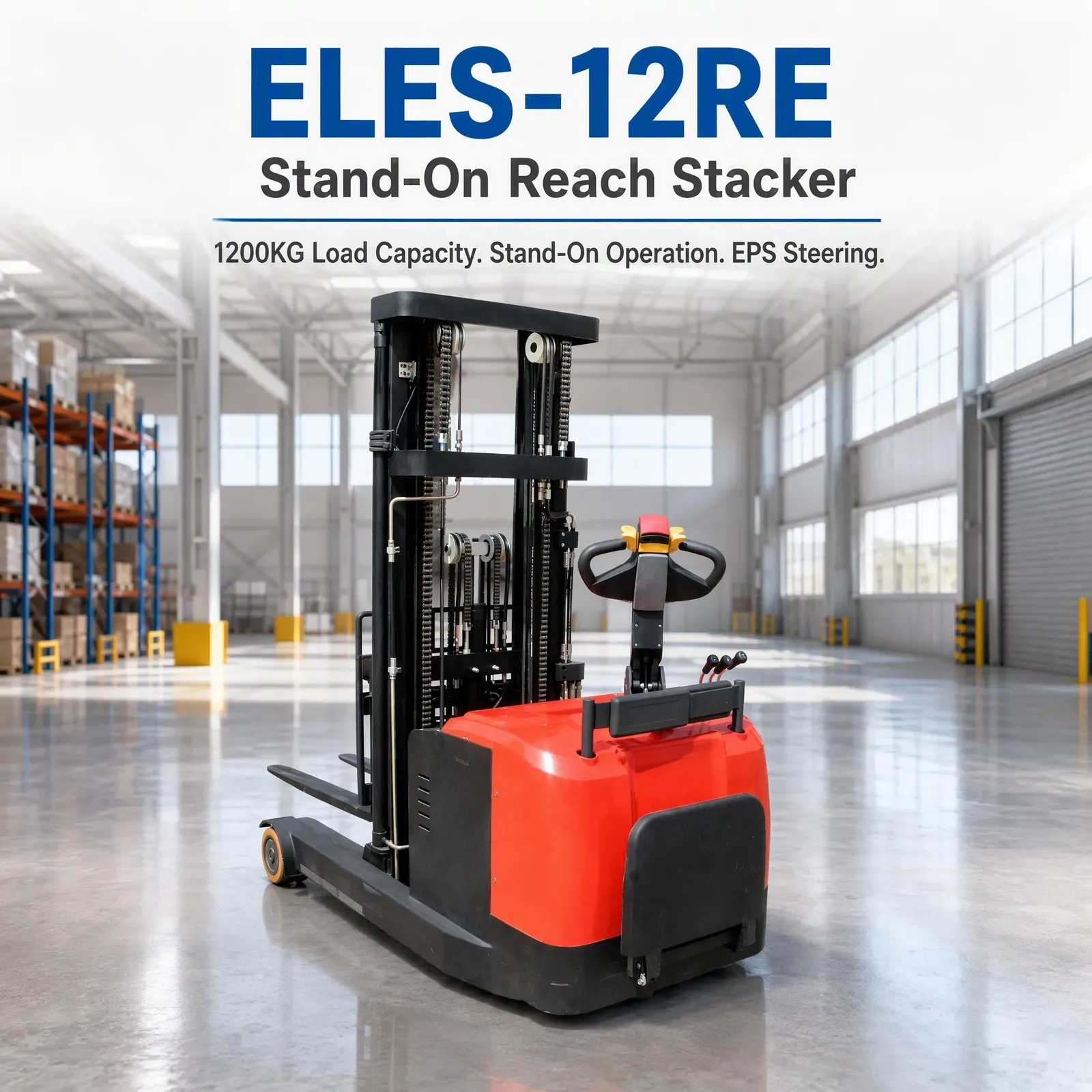 1200 kg Compact Reach Electric Stacker Stand-on 360mm photo 1
