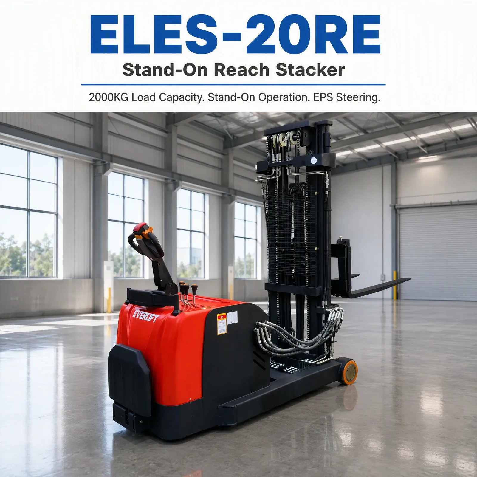 2000 kg Electric Reach Stacker Stand-on Forklift 590mm photo 1