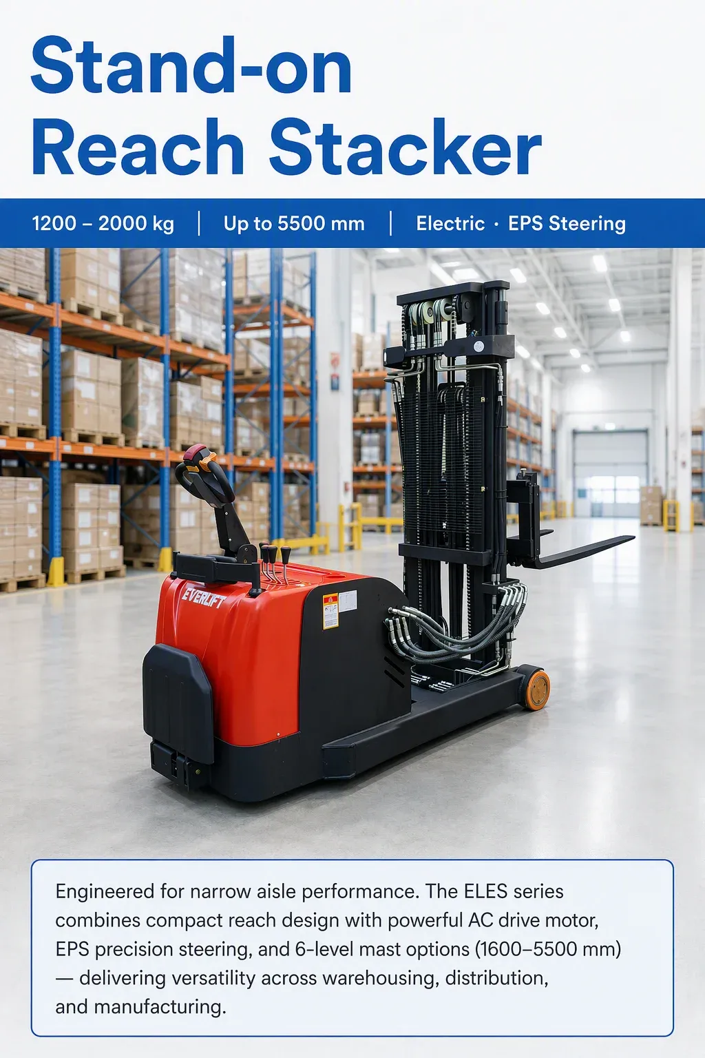 1500 kg Reach Pallet Truck Stand-on 520mm Pantograph DC detail 2