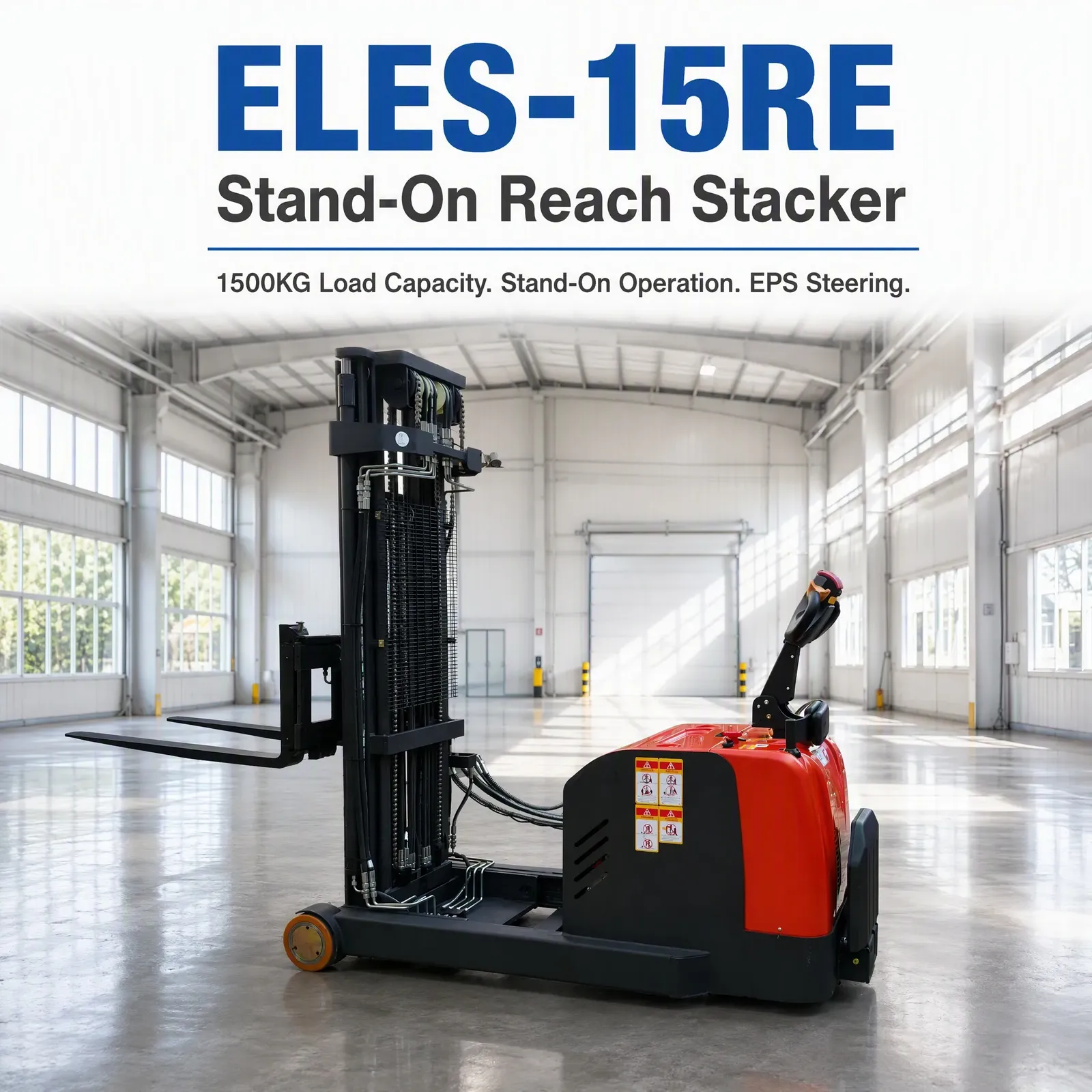 1500 kg Reach Pallet Truck Stand-on 520mm Pantograph DC photo 1