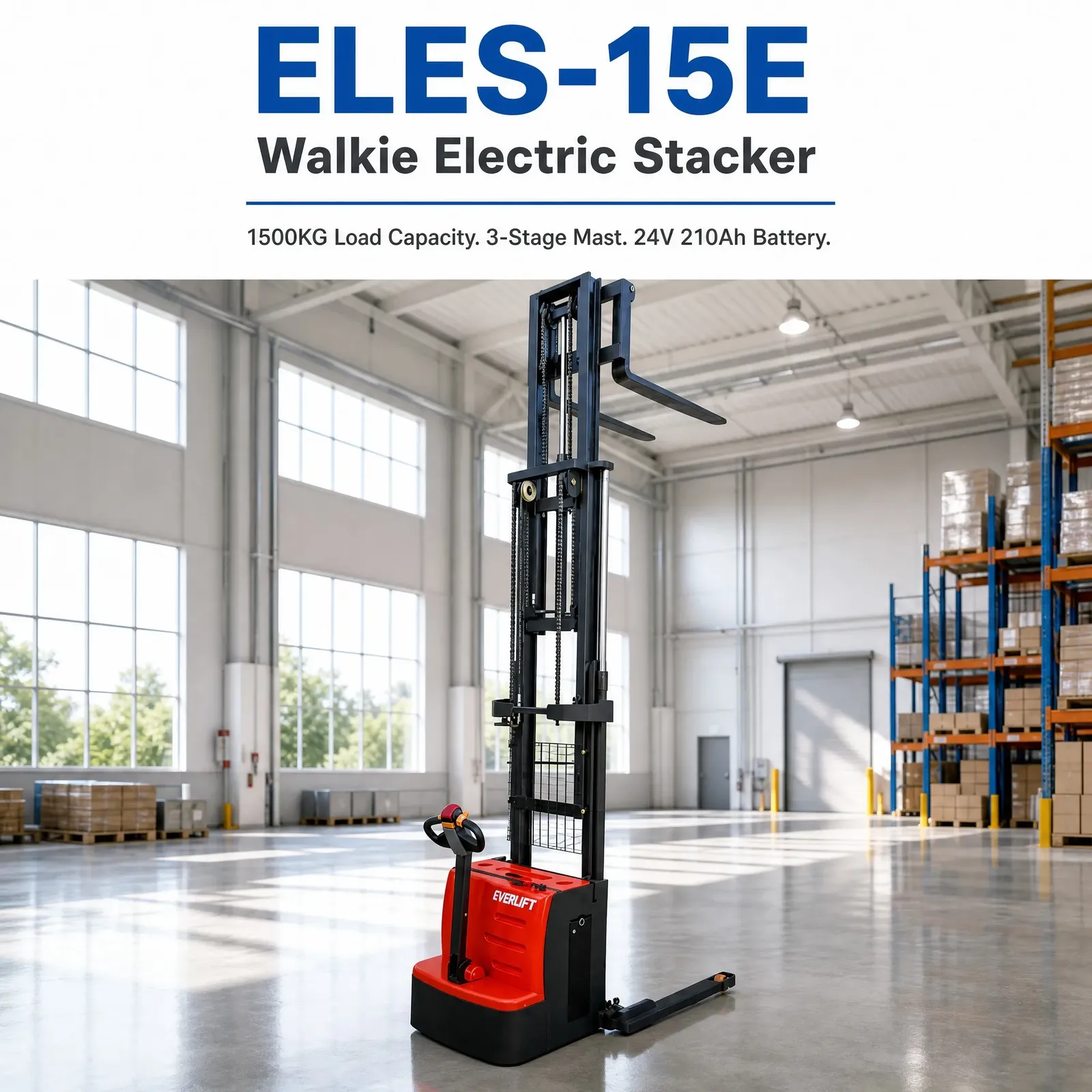 1500 kg Triplex Mast Electric Stacker Free Lift 1550mm photo 1