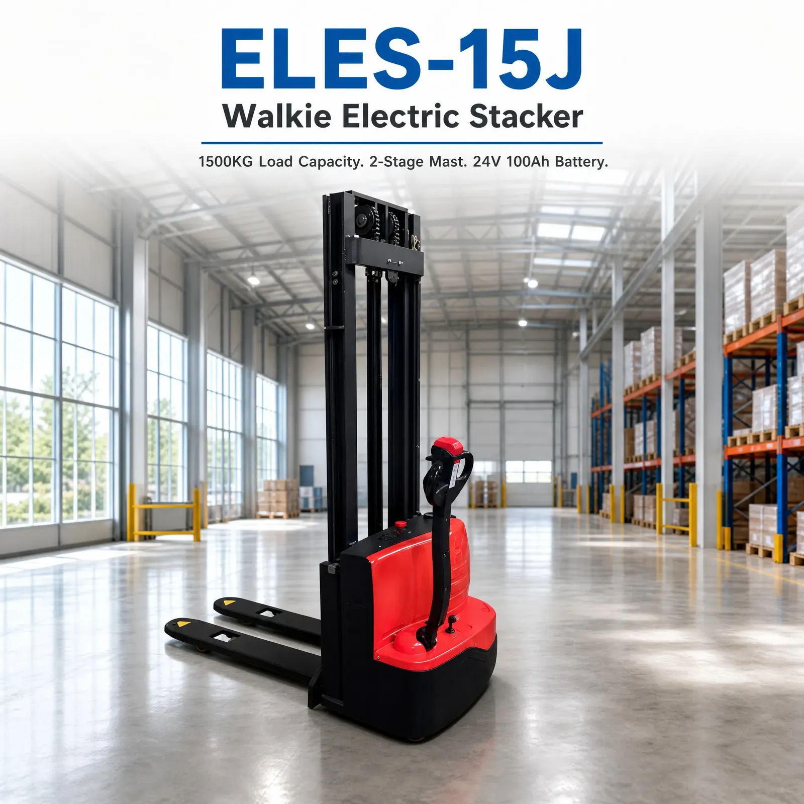 1500 kg Electric Pallet Stacker Walkie Type Fork Over photo 1