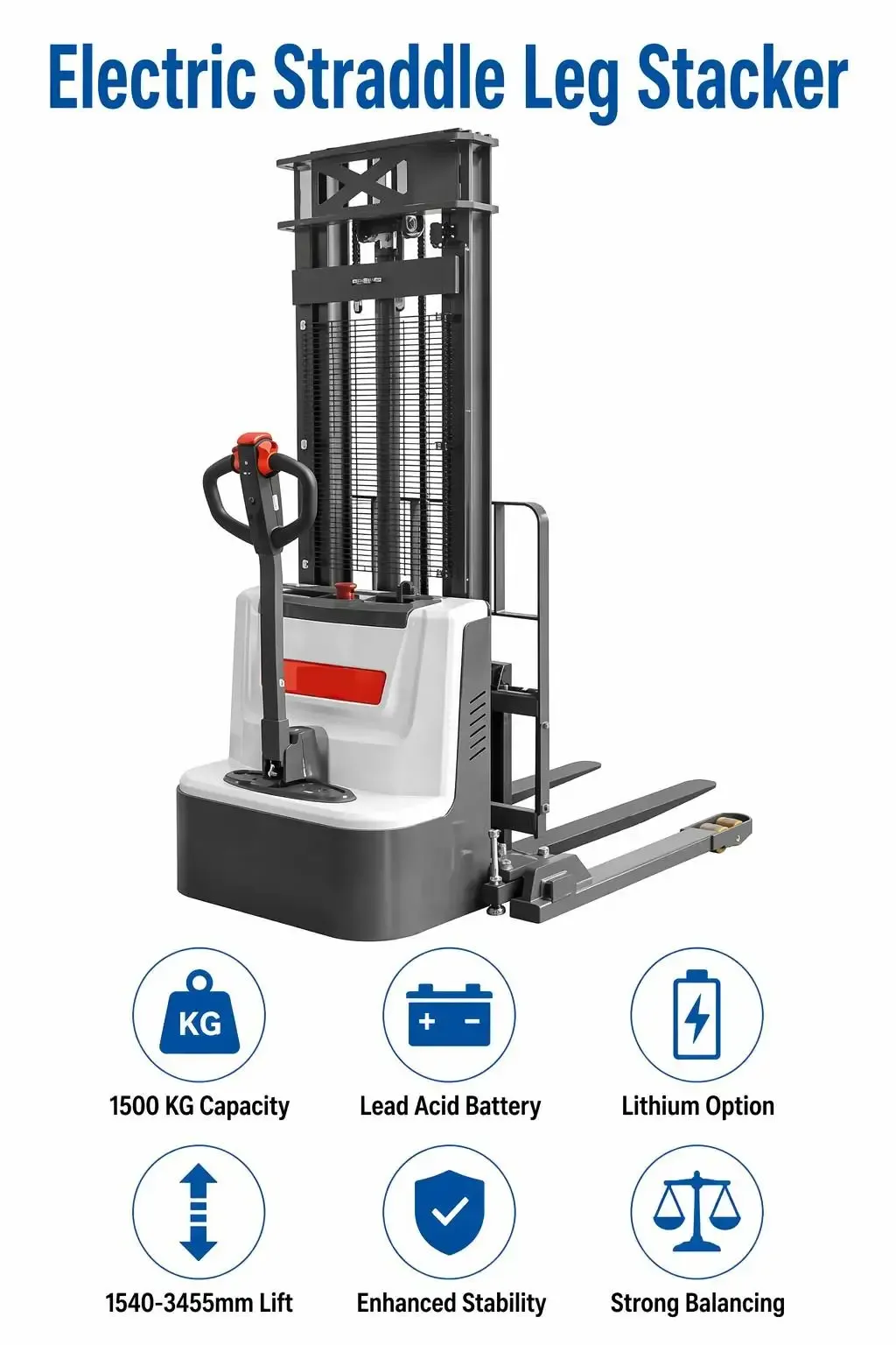 1500 kg Fork Over Stacker Wide Straddle Leg Walkie detail 2