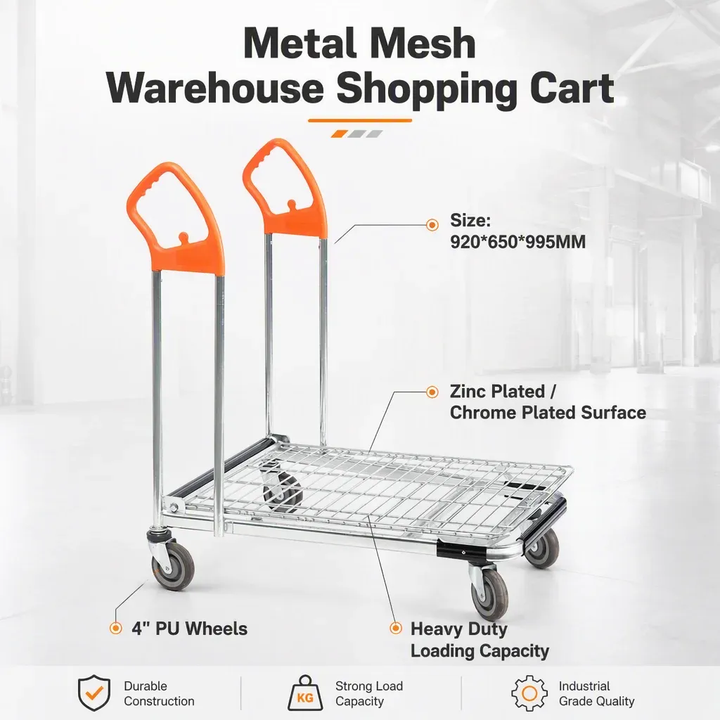 Metal Mesh Warehouse Cart Zinc Plated Surface 4 detail 3
