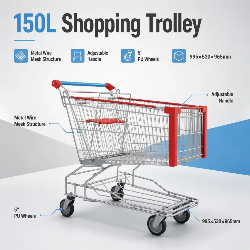 150L Asian Style Lightweight Mesh Structure Adjustable Handle Shopping Trolley detail 1