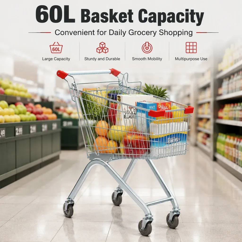 60L European Style Folding Mesh Metal Shopping Trolley detail 2