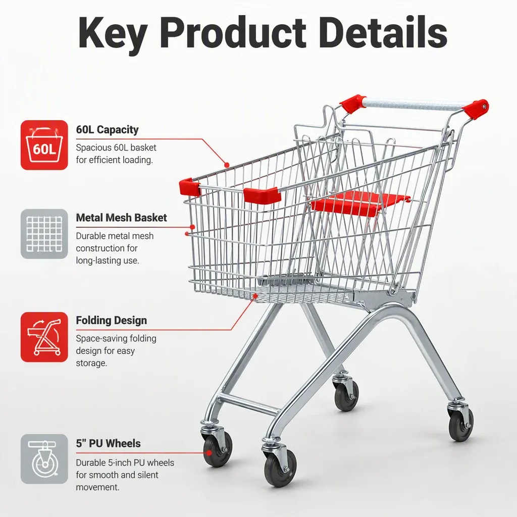 60L European Style Folding Mesh Metal Shopping Trolley detail 3