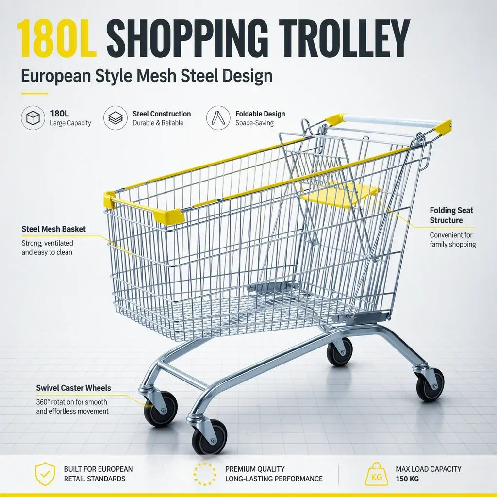 180L European Style Mesh Steel Folding Shopping Trolley detail 4