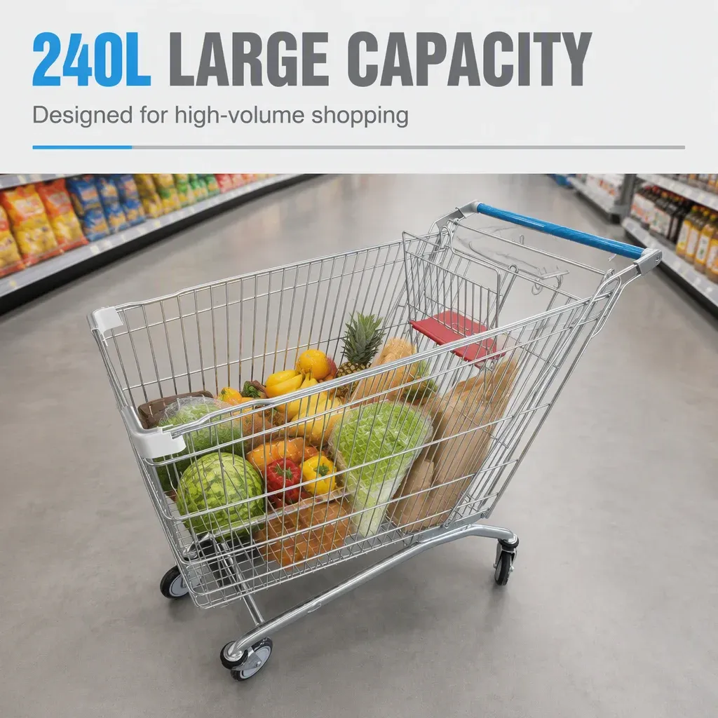 240L Mesh Folding Steel European Style Supermarket Shopping Trolley detail 1