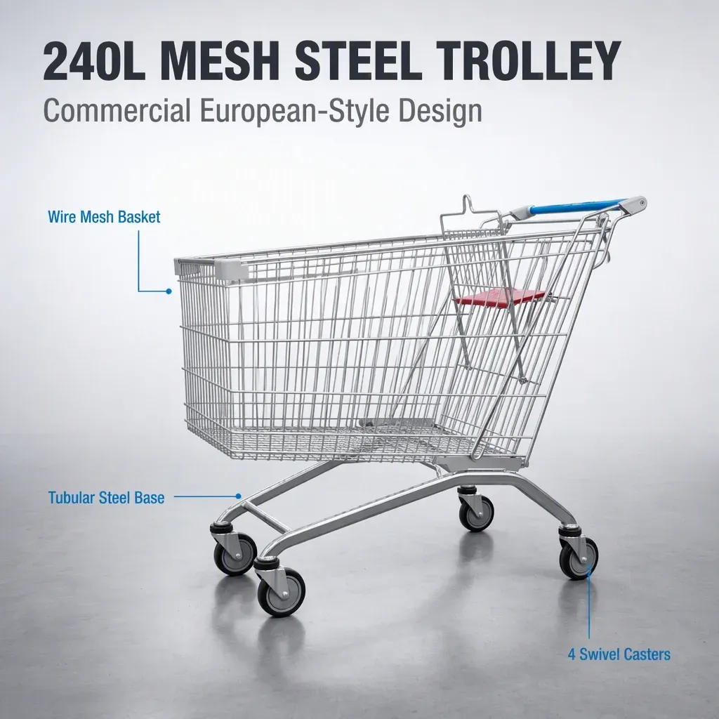 240L Mesh Folding Steel European Style Supermarket Shopping Trolley detail 3