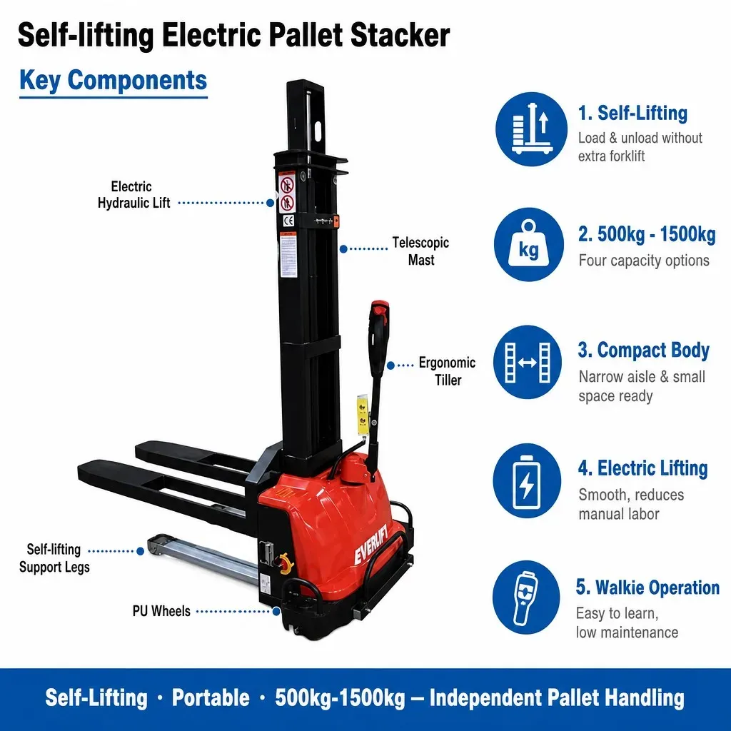 Self Loading Electric Stacker 1.3T 1.4Ton photo 2