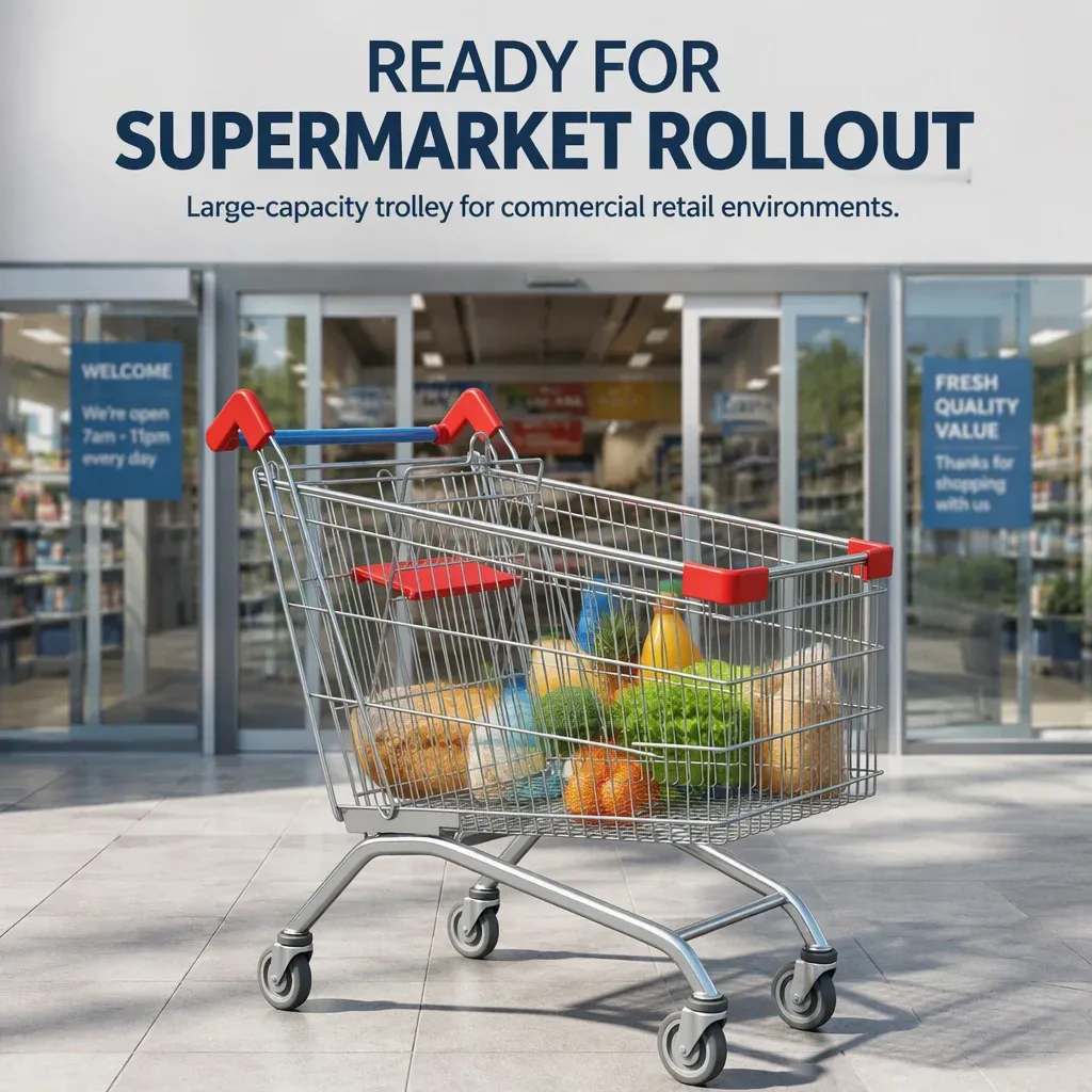 270L Mesh Folding 5 in PU Wheels Supermarket Shopping Trolley detail 1