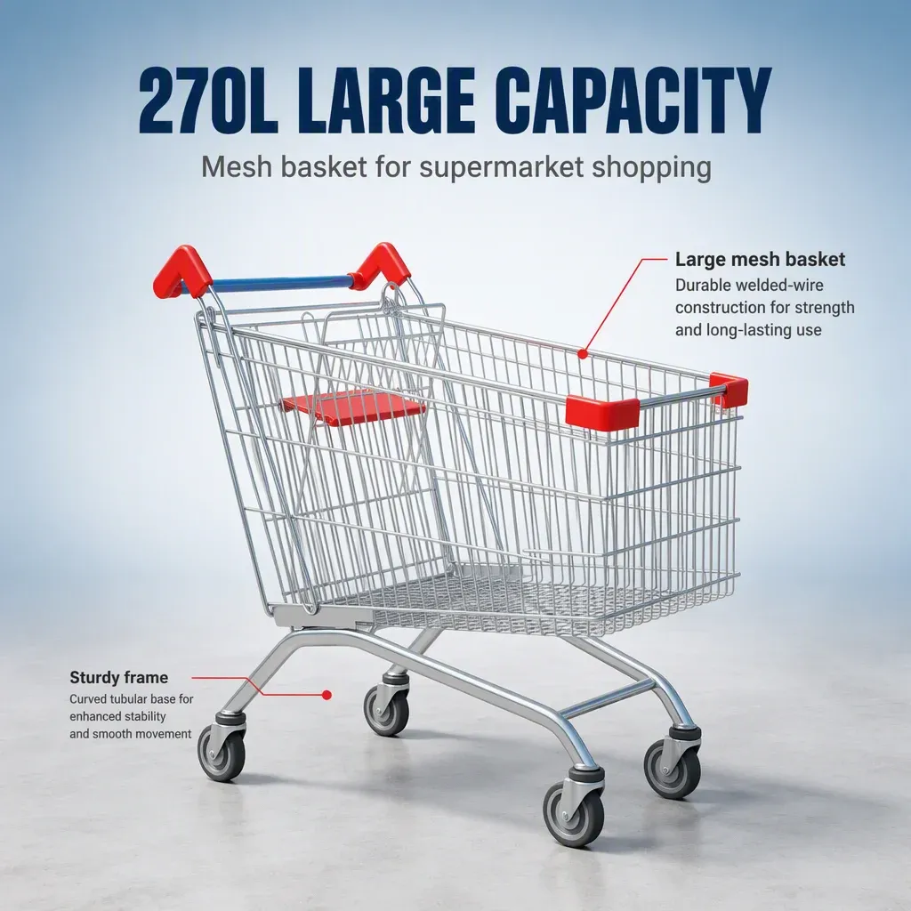 270L Mesh Folding 5 in PU Wheels Supermarket Shopping Trolley detail 3