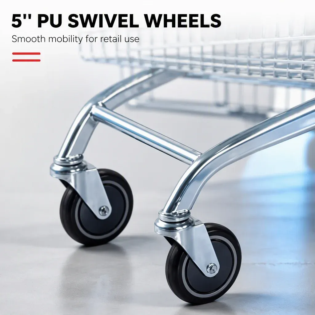 270L Mesh Folding 5 in PU Wheels Supermarket Shopping Trolley detail 4