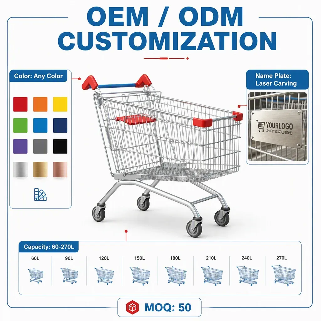 270L Mesh Folding 5 in PU Wheels Supermarket Shopping Trolley detail 7