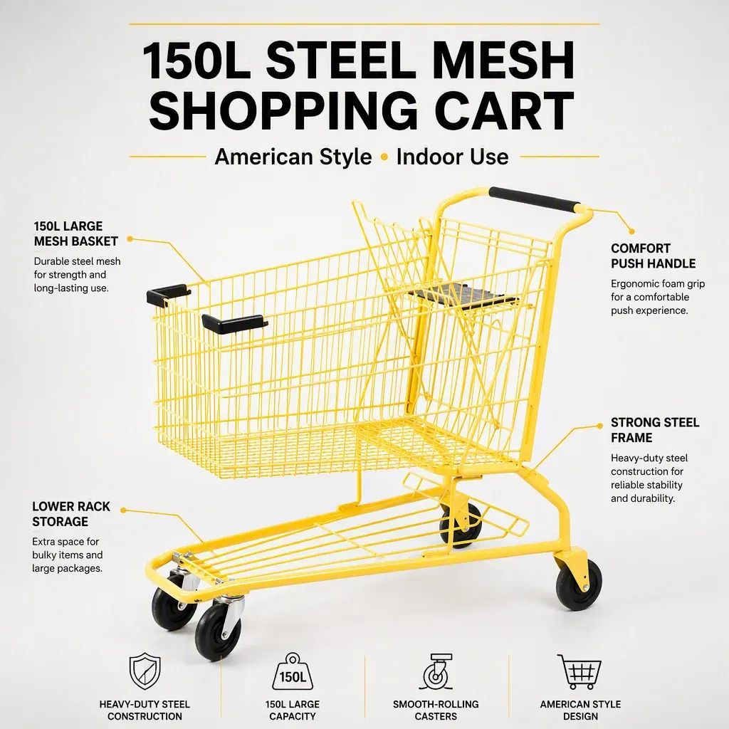 150L American Style Steel Mesh Shopping Trolley with 4 detail 3