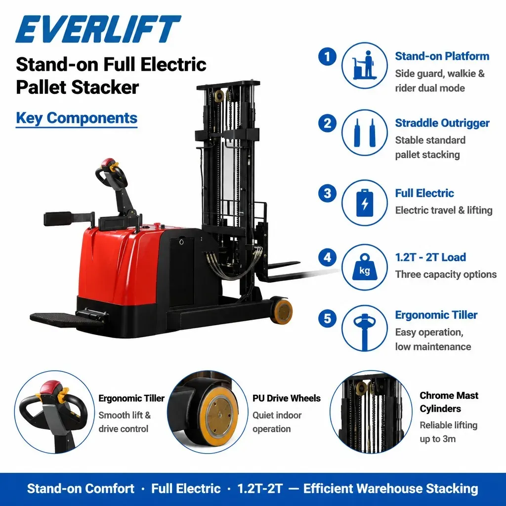 High Reach Electric Ride-On Forklift Stacker 1.5T 2T photo 1