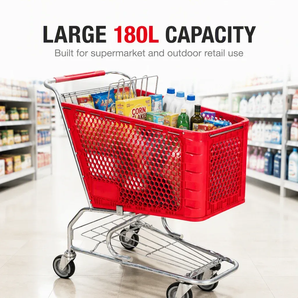 Red Waterproof Mesh Plastic Trolley Supermarket 180L detail 1