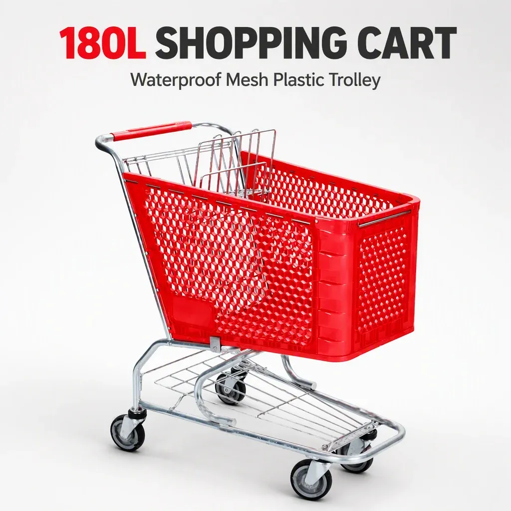 Red Waterproof Mesh Plastic Trolley Supermarket 180L detail 3