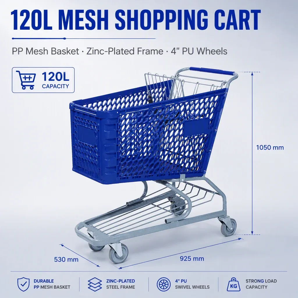 120L Mesh PP Supermarket Shopping Trolley detail 3