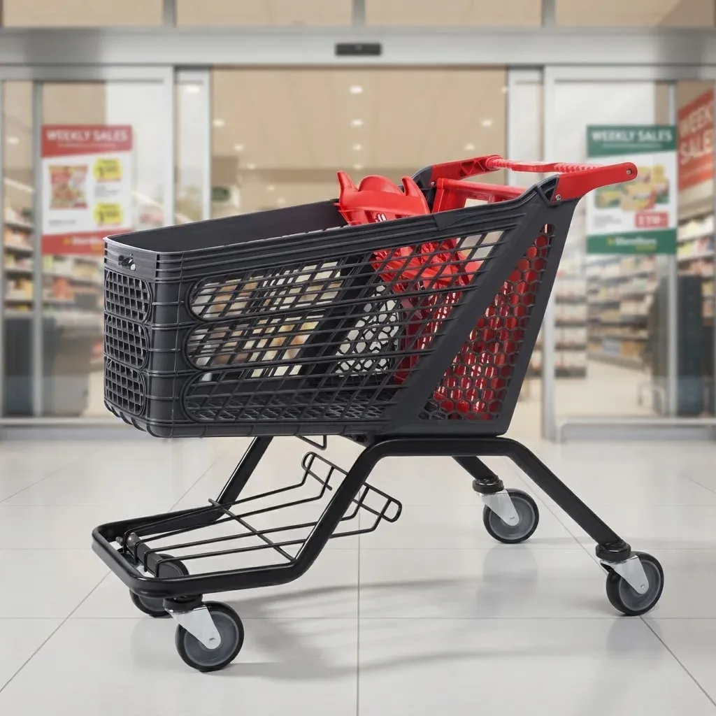 210L Mesh Steel Plastic Shopping Trolley with 4
