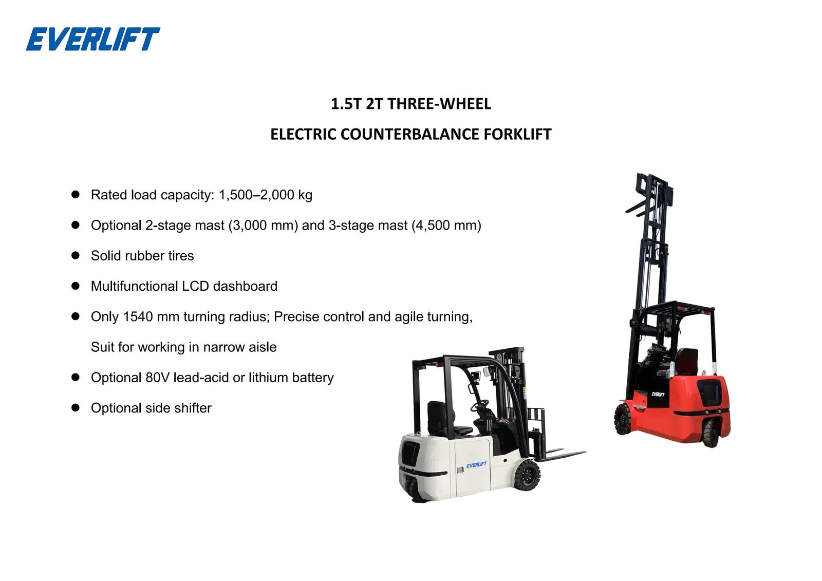 Lithium Battery 1.6T 2T Three Wheel Forklift detail 2
