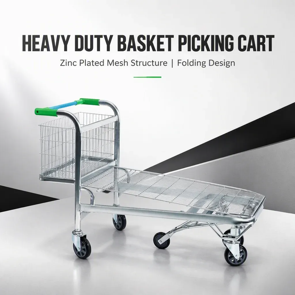 Heavy Duty Basket Picking Cart Warehouse Trolley detail 3