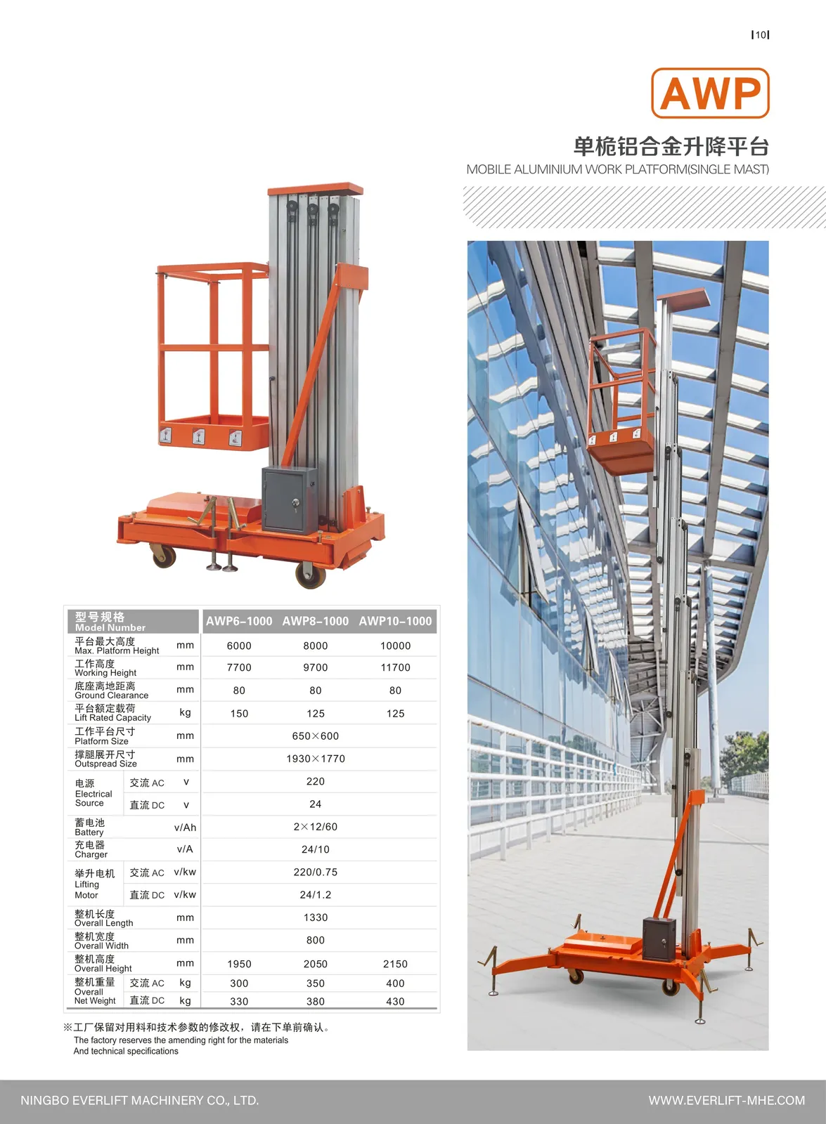 Single Mast Aluminium Alloy Aerial Work Platform 6m 300 kg detail 2
